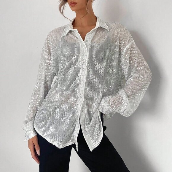 Silver Party Women's Oversized Sequin Blouse - Picture 4 of 5